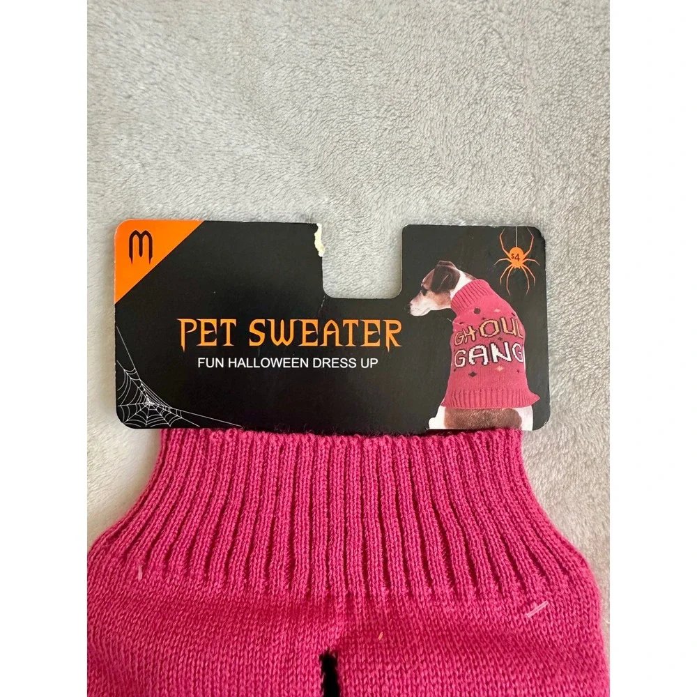 Ghoul Gang Halloween Dog Pet Sweater‎ Medium Pink Knit Minor Flaw